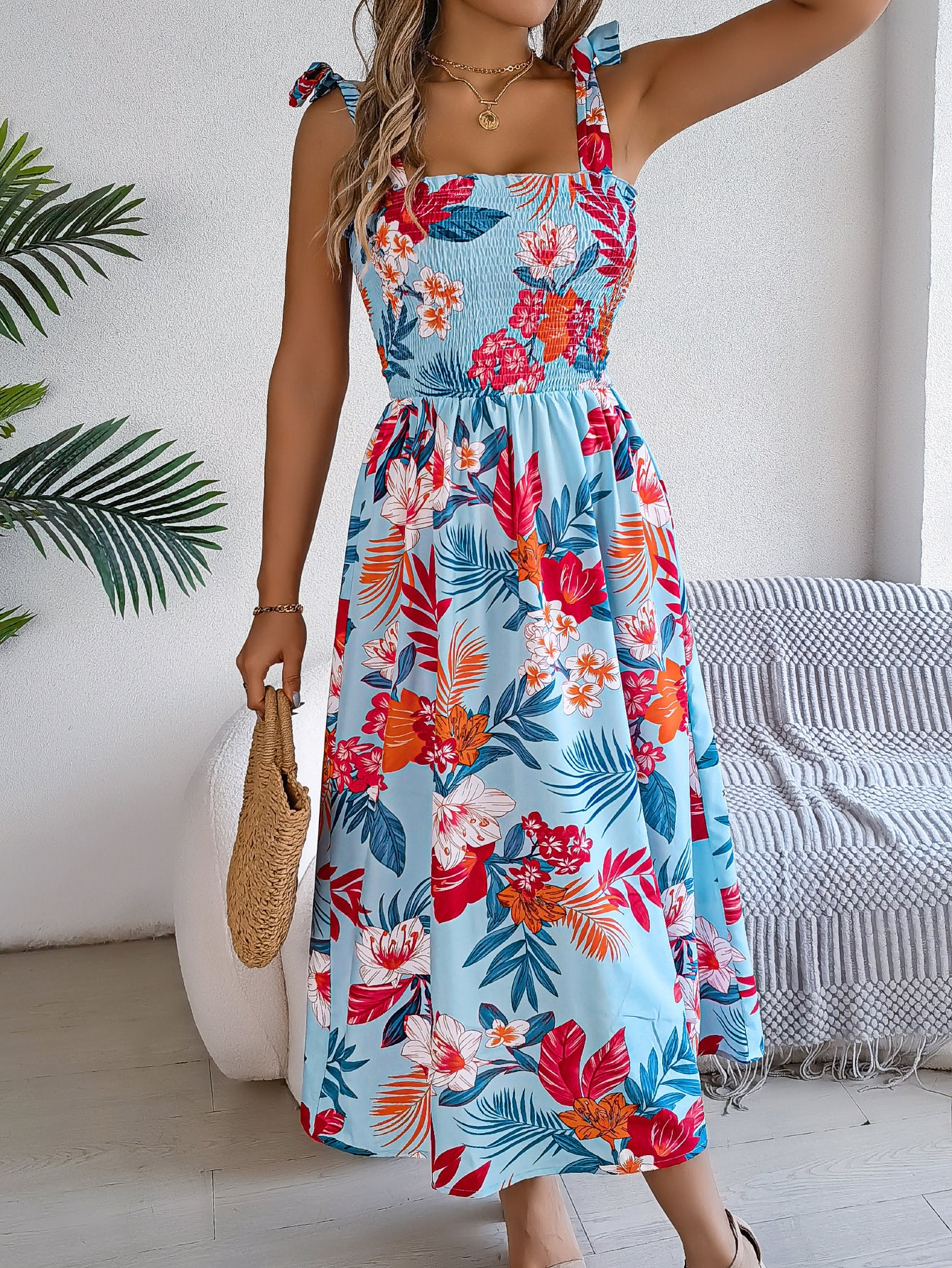 Robe Longue Bohème à Bretelles – Imprimé Fleuri Tropical
