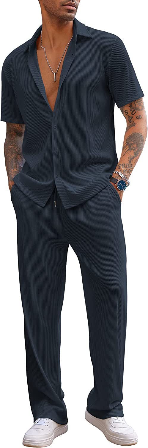 Ensemble Homme 2 Pièces – Chemise Oversize & Pantalon Plissé – Look Tendance Décontracté