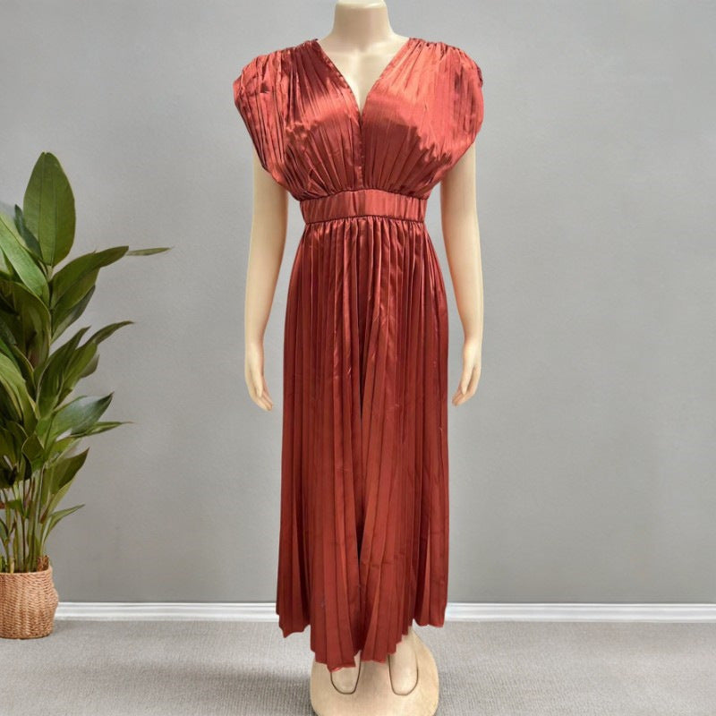 Robe Satinée Femme Évasée Plissée – Col V Profond Élégant – Robe Chic de Soirée