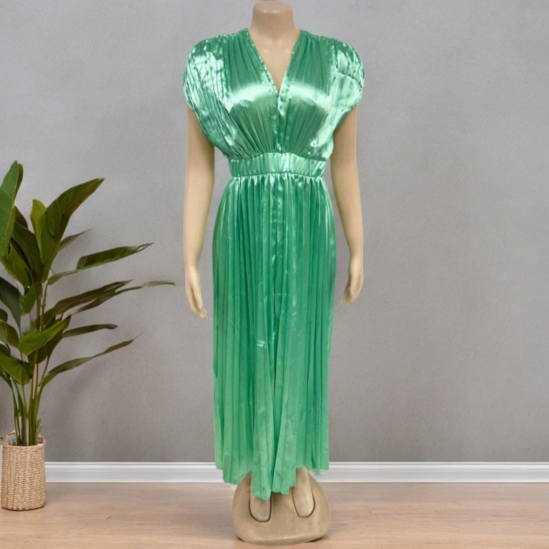 Robe Satinée Femme Évasée Plissée – Col V Profond Élégant – Robe Chic de Soirée