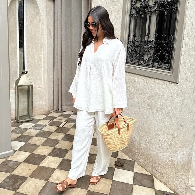 Ensemble décontracté 2 pièces – Chemise fluide + pantalon large, style chic & estival