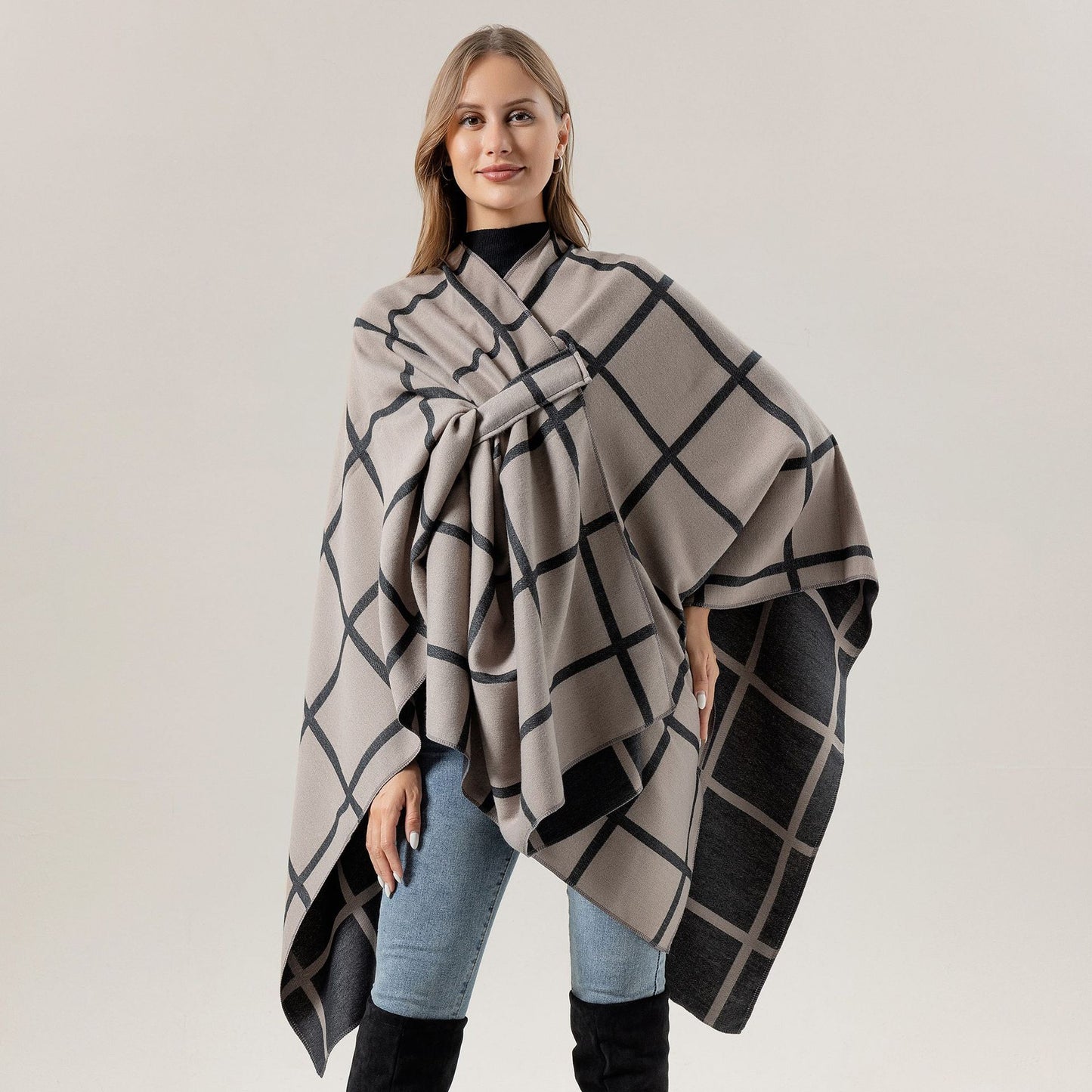 Écharpe Femme à Carreaux Oversize – Poncho Chaud Élégant Automne Hiver