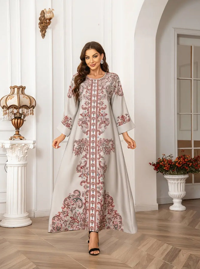 Robe Longue Orientale Femme – Style Arabe Élégant avec Motifs Imprimés – Tenue Chic et Traditionnelle
