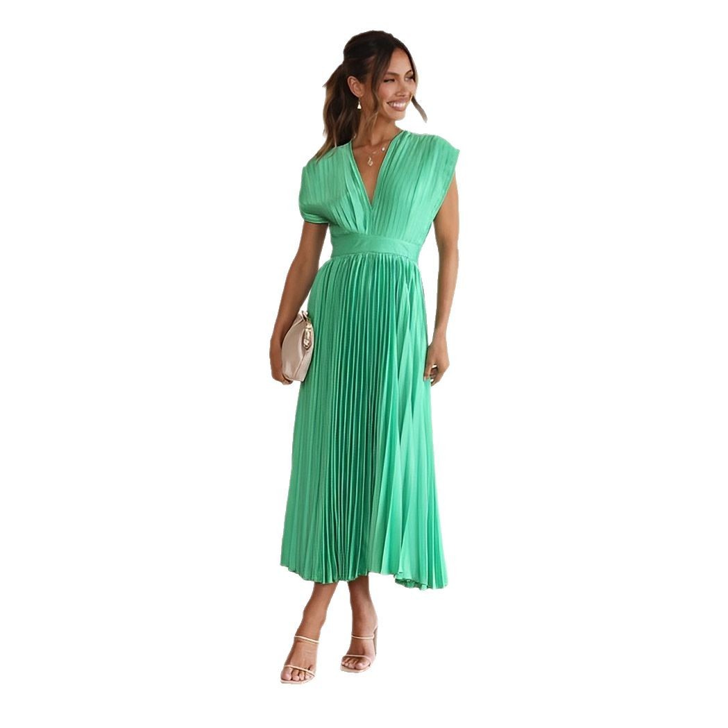 Robe Satinée Femme Évasée Plissée – Col V Profond Élégant – Robe Chic de Soirée
