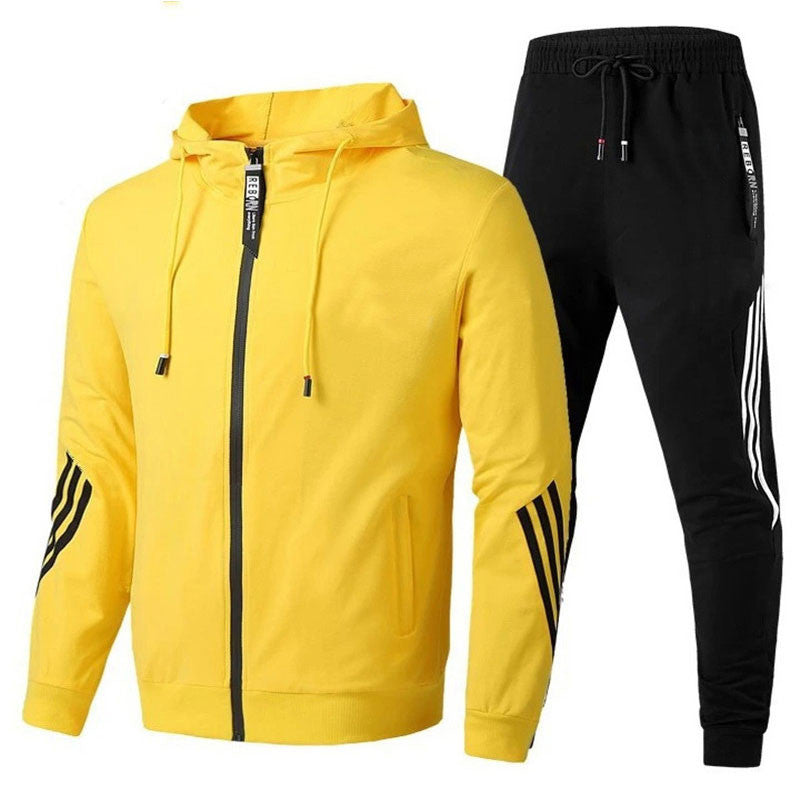Survêtement Homme – Ensemble Sport Zip Hoodie & Jogging – Bleu Marine & Rayures Orange