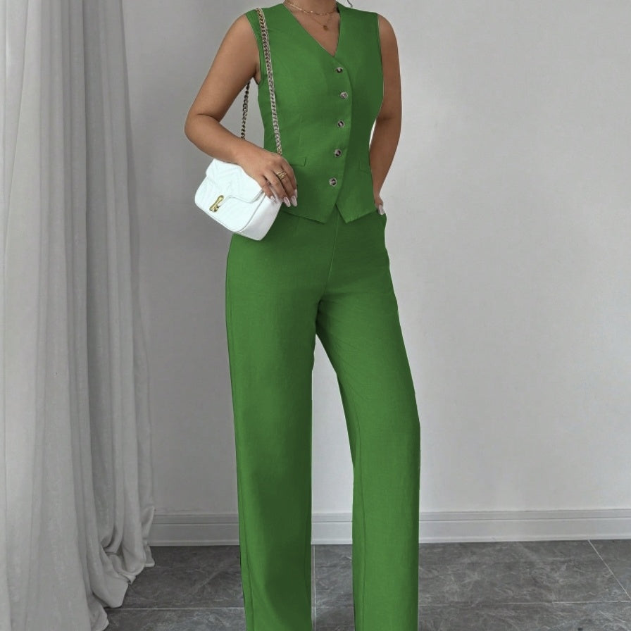 Ensemble Tailleur Luxe – Gilet Cintré & Pantalon Large | Élégance Minimaliste