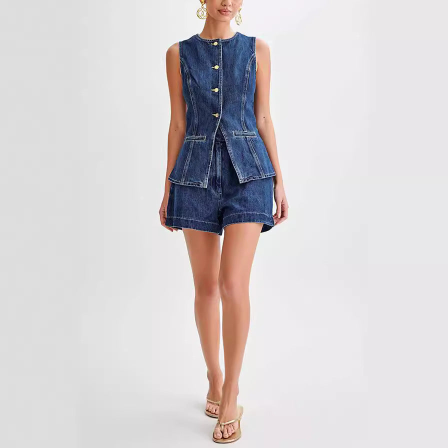 Ensemble Denim Élégance™ – Gilet & Short Taille Haute