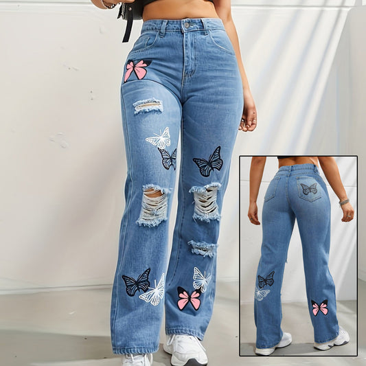 Jean Femme Droit Taille Haute – Motif Papillons & Effet Déchiré